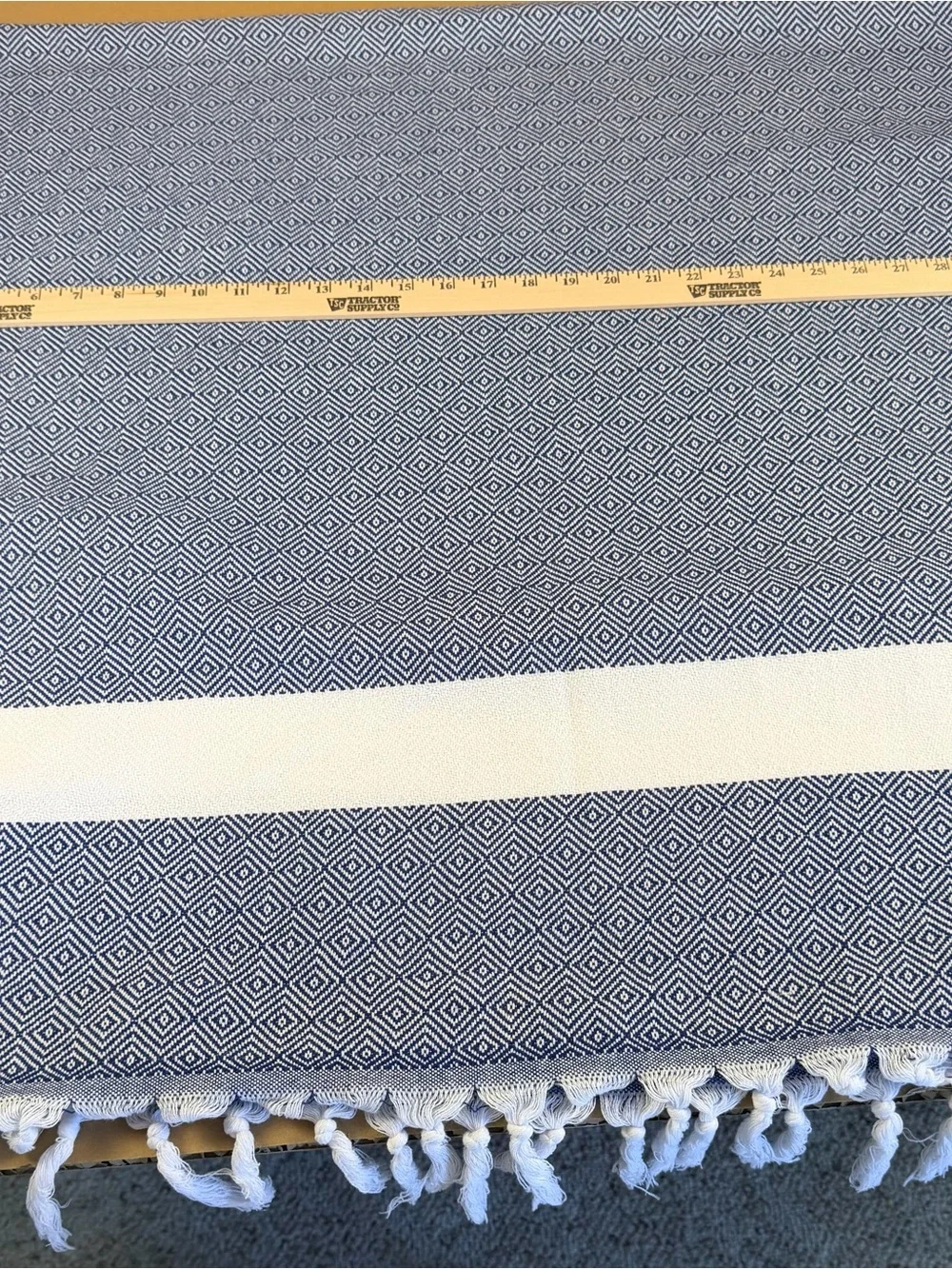 Trina Turk Woven Shawl/Towel Knotted Fringe Blue White Stripe Geometric 36x66
